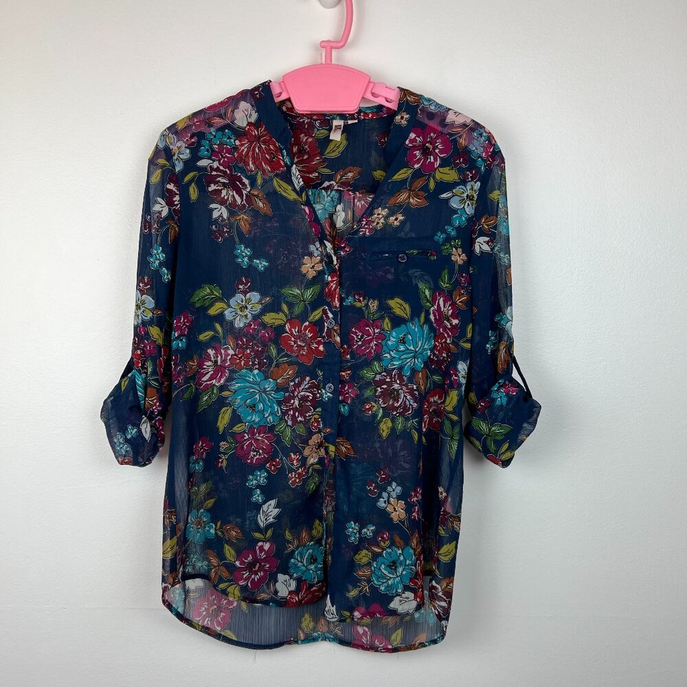 KUT From The Kloth Chiffon Blouse Women's Size Medium Floral Blue Cottagecore
